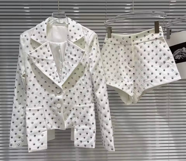 Women Fashion Rhinestone Blazer Two Piece Short Set