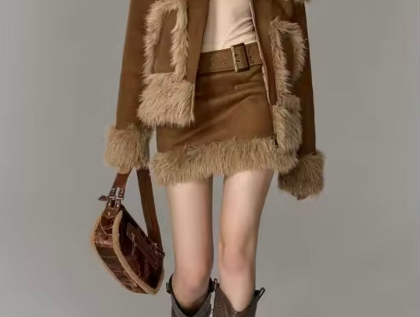 Women Fashion Fur Patchwork Suede Jacket Two Piece Skirt Set