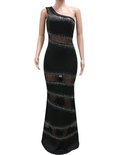 Women Sexy One Shoulder Mesh Bling Patchwork Maxi Dress