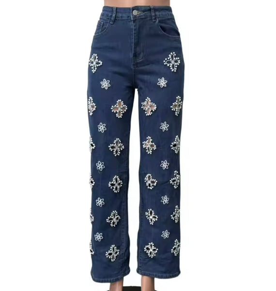 Women Fashion Beaded Cut Out Floral Denim Pants