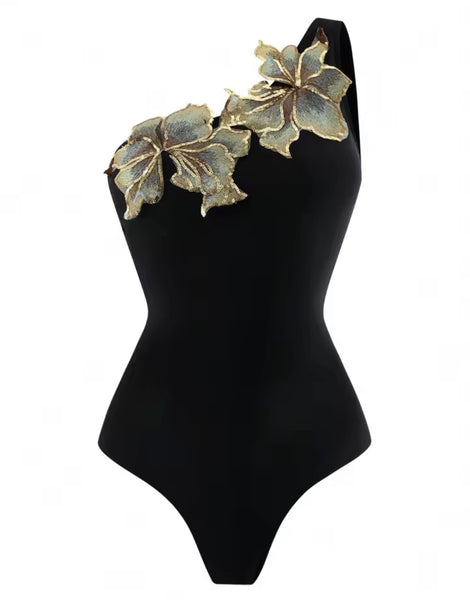 Women Black Floral One Shoulder Swimsuit Cover Up Set