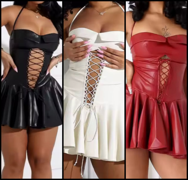 Women Sexy Halter Sleeveless Faux Leather Pleated Dress