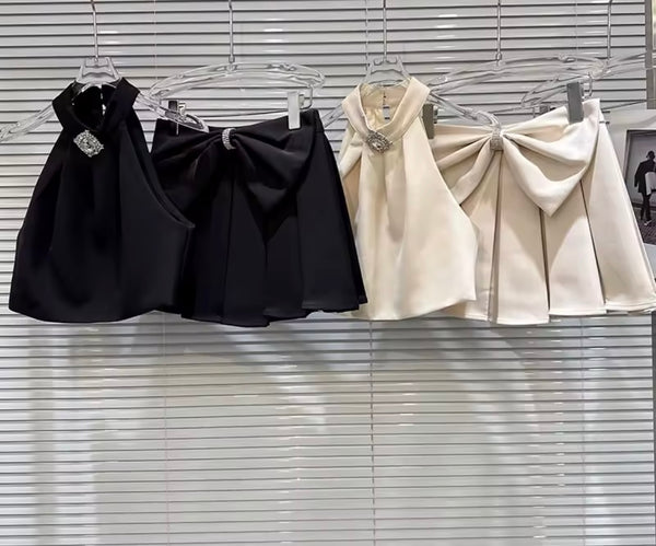 Women Bling Halter Sleeveless Bow Two Piece Pleated Shirt Set