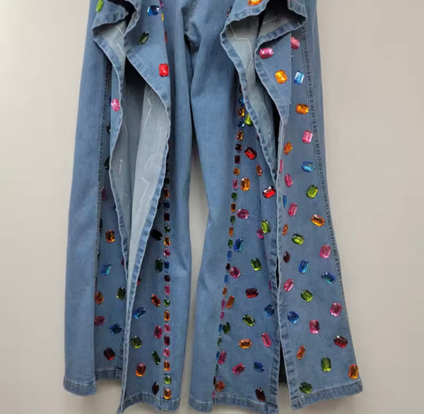 Women Blue Fashion Split Hem Color Crystal Denim Pants