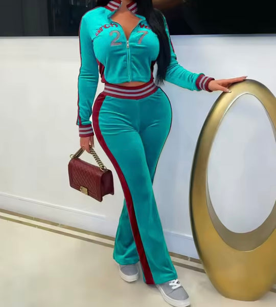 Women Letter Number Print Zip Up Velour Tracksuit Two Piece Pant Set