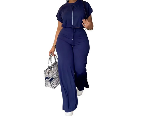 Women Fashion Zip Up Short Sleeve Fashion Two Piece Pant Set