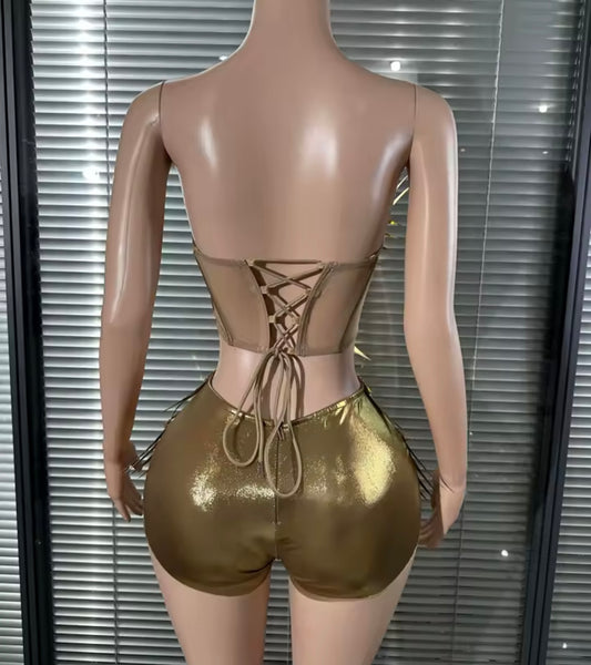 Women Sexy Strapless Chrome Spiked Embellish Two Piece Short Set