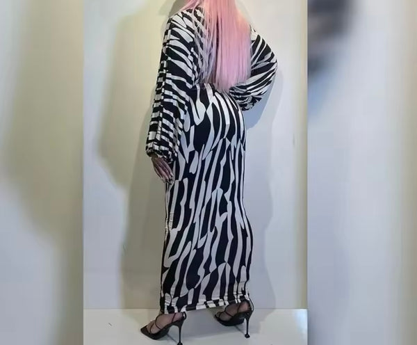 Women Sexy B&W Printed Full Sleeve Two Piece Maxi Skirt Set