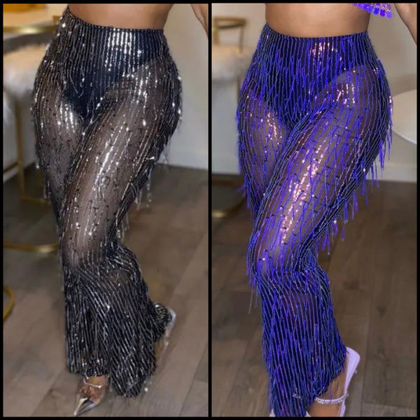 Women Sexy Bling Mesh Tassel Pants