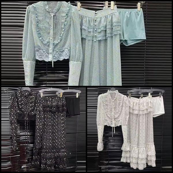 Women Ruffled Floral Full Sleeve Three Piece Maxi Skirt Set