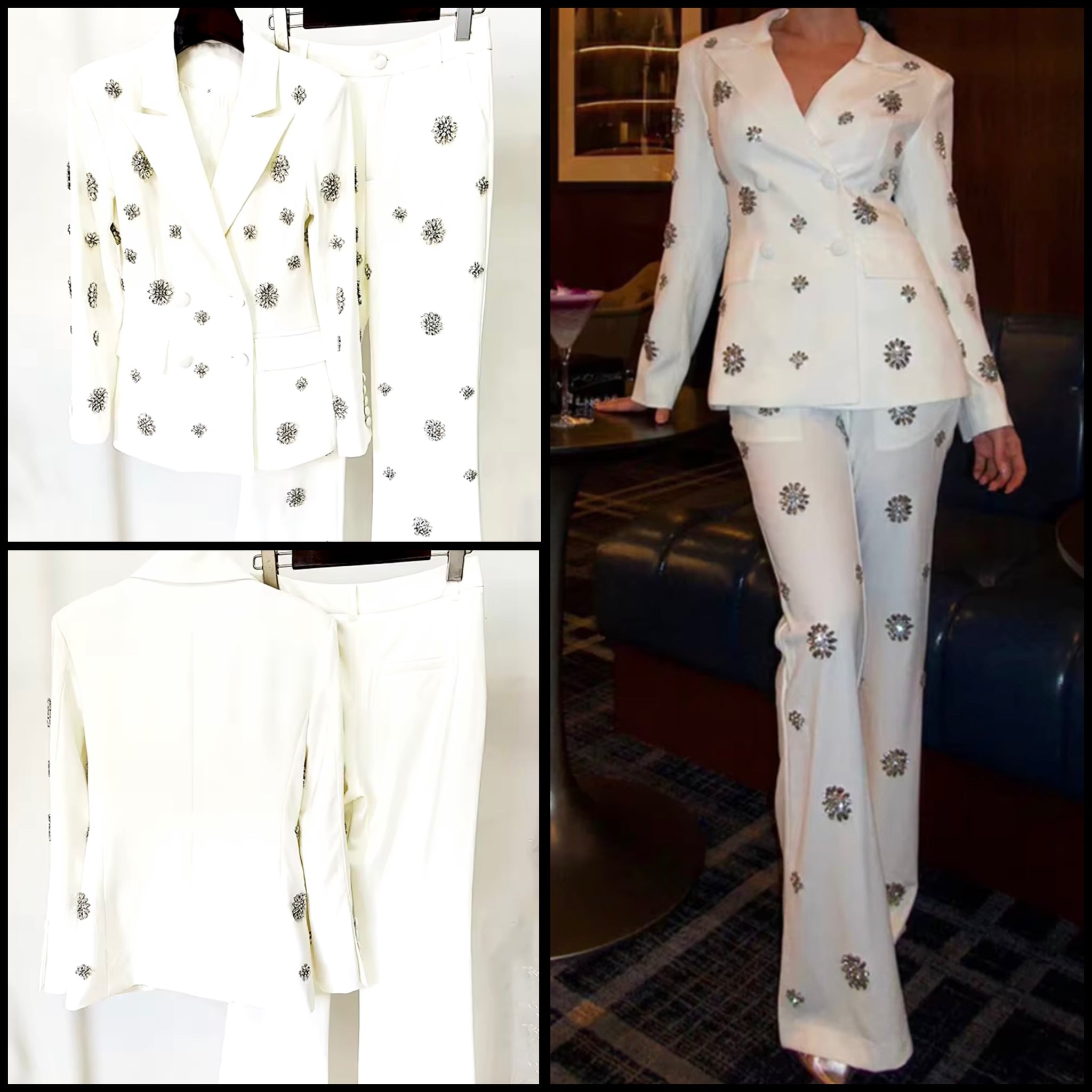 Women Fashion White Crystal Button Up Blazer Two Piece Pant Set