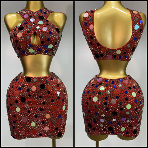 Women Sexy Sleeveless Bling Sequins Two Piece Skirt Set