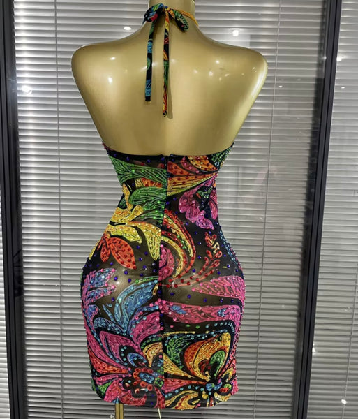 Women Sexy Multicolored Halter Sleeveless Rhinestone Dress