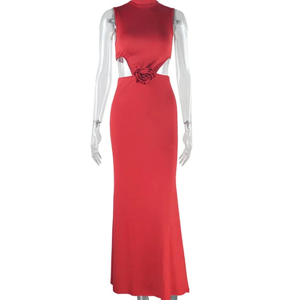 Women Sexy Sleeveless Cut Out 3D Rose Maxi Dress