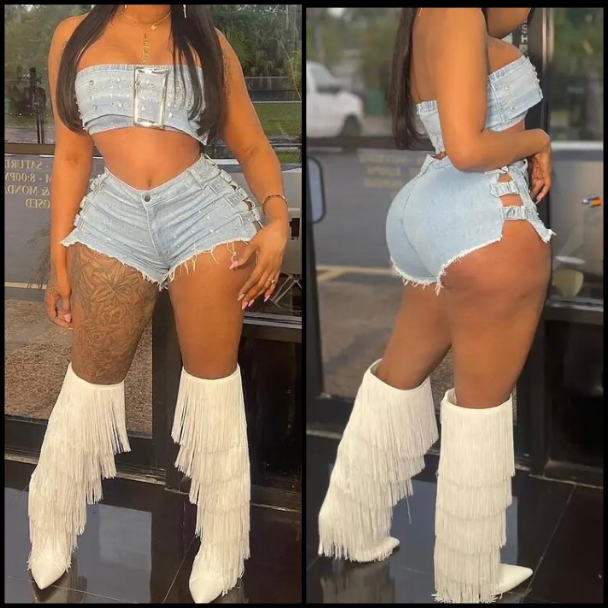 Women Blue Buckled Strapless Two Piece Denim Sexy Short Set