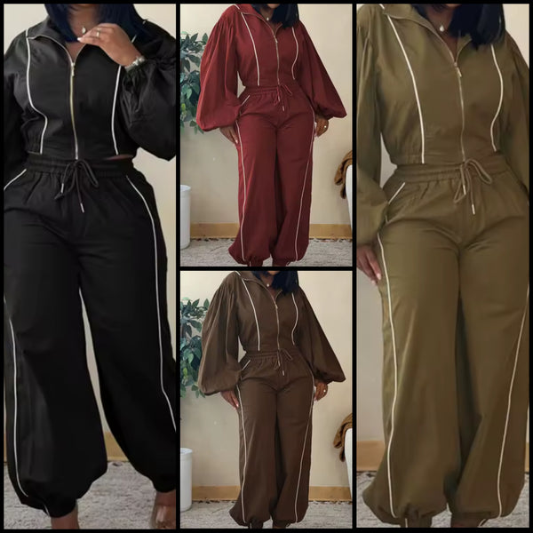 Women Fashion Striped Lantern Zip Up Full Sleeve Two Piece Pant Set