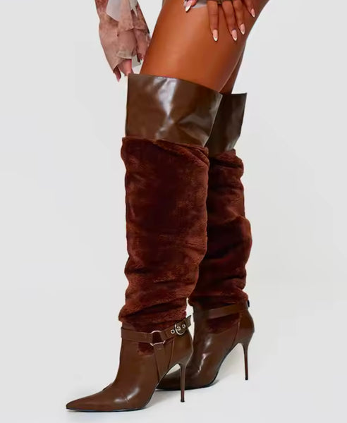 Women Fashion Brown Faux Leather Fur Patchwork Knee High Boots