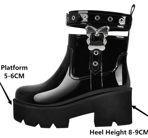 Women Black Patent Leather Butterfly Buckle Ankle Boots