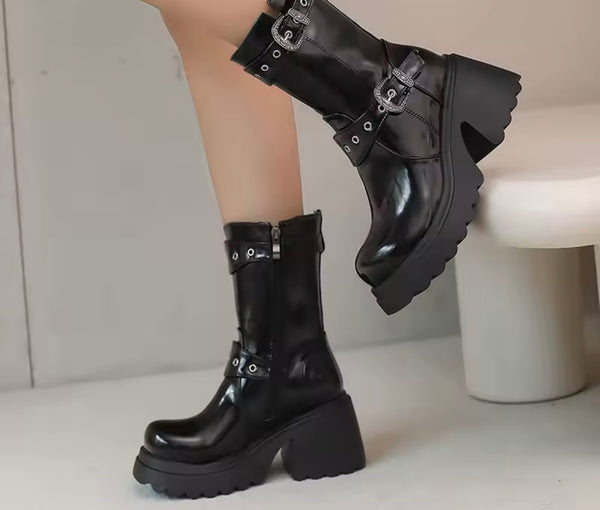 Women Fashion Double Buckle Platform Ankle Boots
