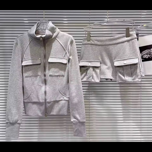 Women Gray Pocket Zip Up Fashion Two Piece Skirt Set