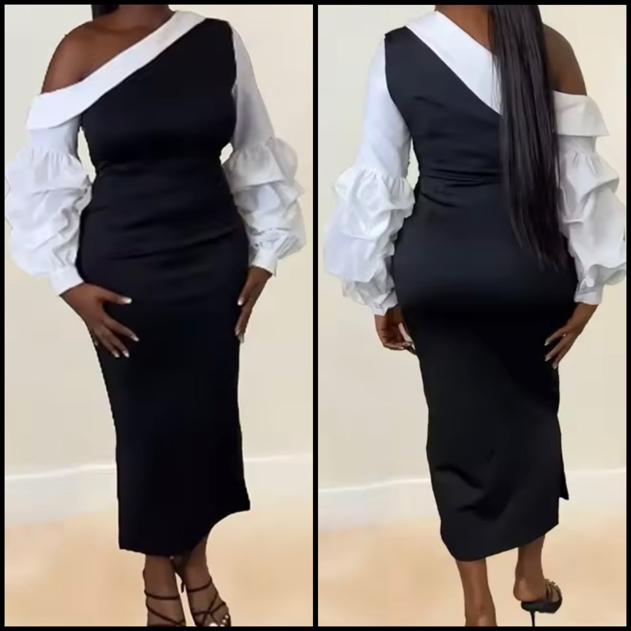 Women B&W Full Sleeve Sexy Maxi Dress