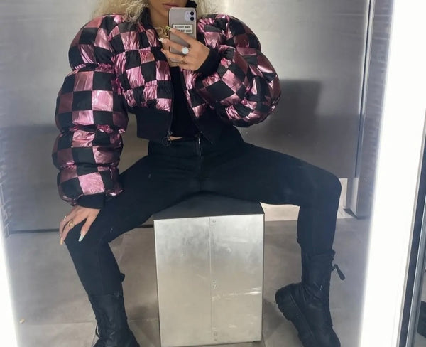 Women Fashion Color Patchwork Checkered Puff Crop Jacket