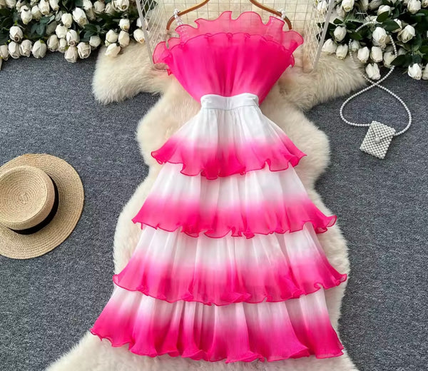 Women Strapless Gradient Ruffled Sexy Maxi Dress