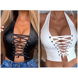 Women PU Sexy Lace Up Halter Crop Top