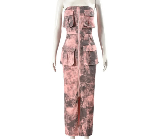 Women Sexy Strapless Tie Dye Front Zipper Cargo Maxi Dress