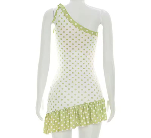 Women Sexy Tie Up One Shoulder Sleeveless Polka Dot Dress