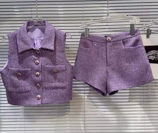 Women Sleeveless Button Up Tweed Two Piece Short Set