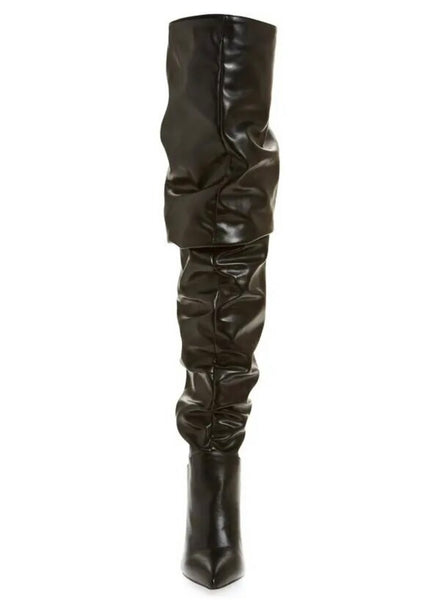 Women Faux Leather Ruched Over The Knee Fashion High Heel Boots