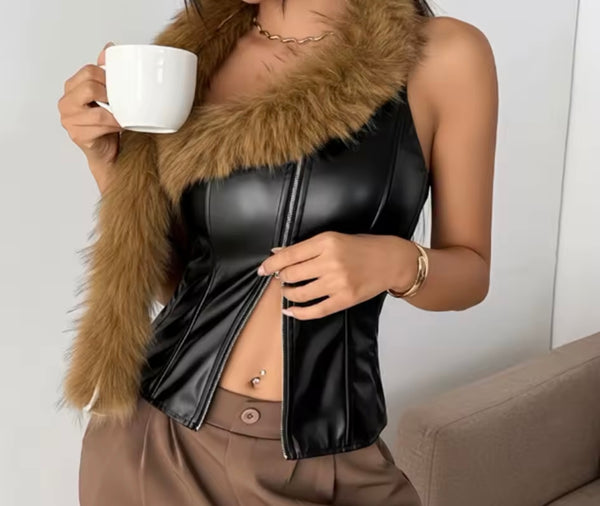 Women Fashion Fur Black PU Zip Up Sleeveless Top