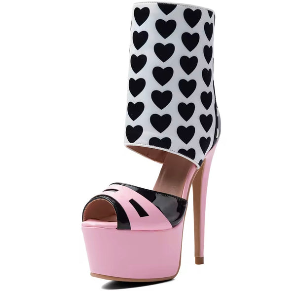Women Color Patchwork Heart Open Toe Platform Ankle Boots