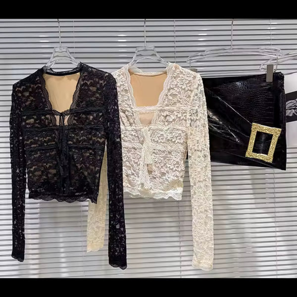 Women Sexy Fashion Lace Full Sleeve Two Piece Buckle PU Skirt Set