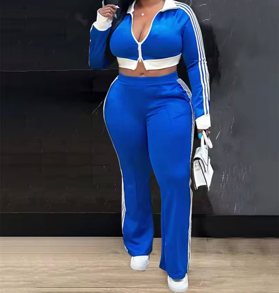 Women Color Fashion Full Sleeve Striped Tracksuit Two Piece Pant Set