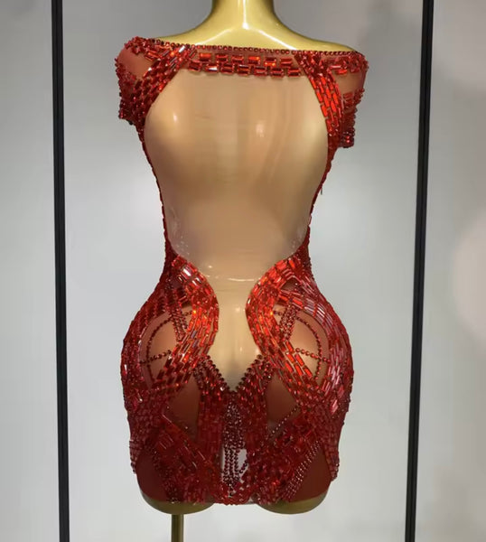 Women Sexy Sleeveless Red Crystal Mesh Dress
