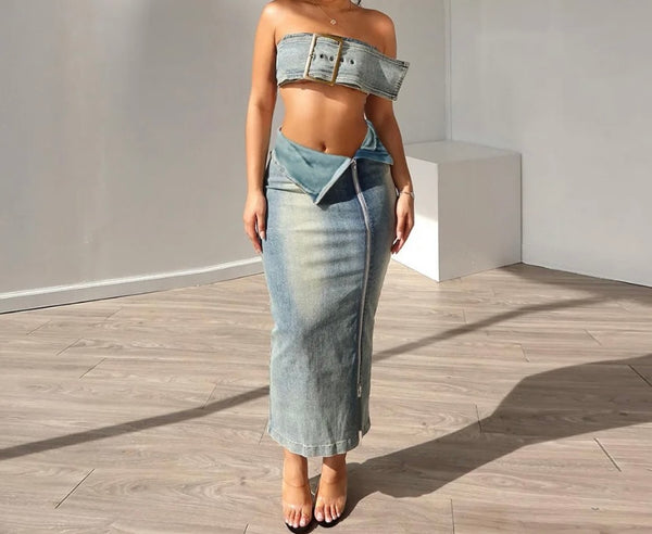 Women Sexy Buckled Strapless Denim Two Piece Zipper Skirt Set