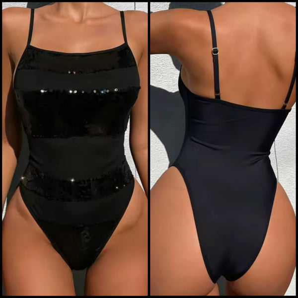 Women Black Sexy Sequins Patchwork Swimsuit