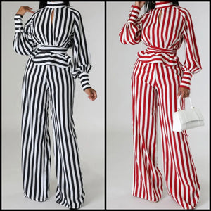 Women Two Piece Fashion Striped Full Sleeve Pant Set