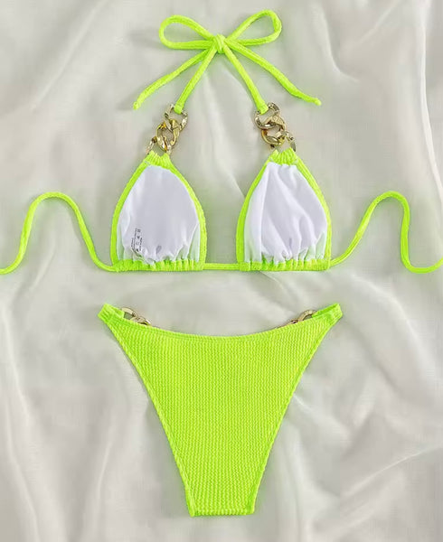 Women Sexy Tie Up Halter Green Ribbed Chain Bikini Swimsuit