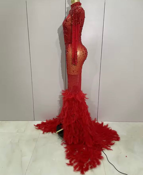 Women Sexy Color Crystal Feather Full Sleeve Mesh Maxi Dress