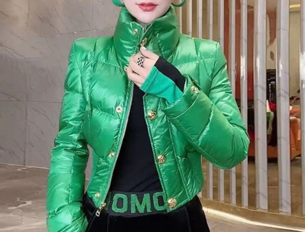 Women Fashion Gold Button PU Puff Crop Jacket