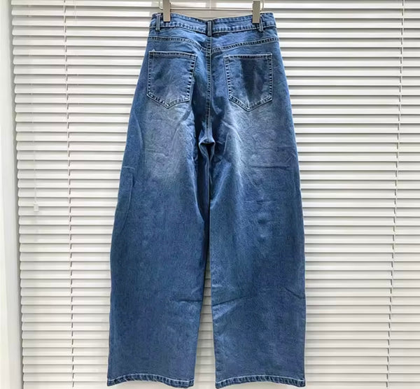 Women Fashion Metal Button Patchwork Denim Pants