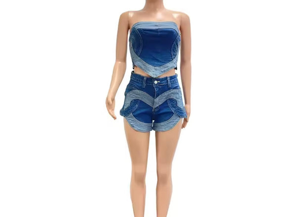 Women Sexy Strapless Color Patchwork Denim Two Piece Short Set