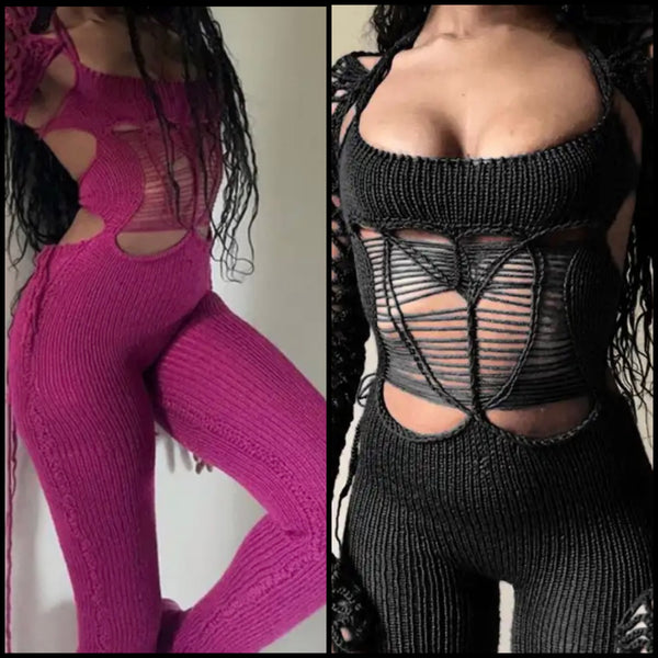 Women Sexy Knitted Full Sleeve Cut Out Fashion Jumpsuit