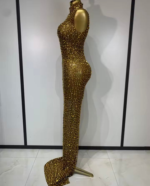 Women Sexy Sleeveless Color Crystal Mesh Maxi Dress