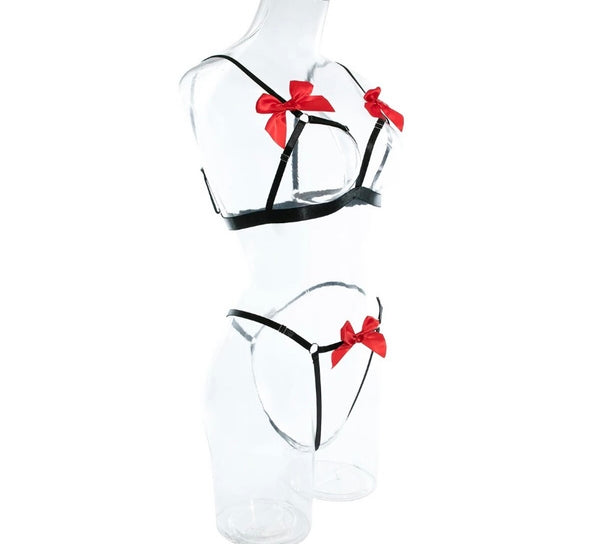 Women Sexy Bow Cut Out G-String Lingerie Set