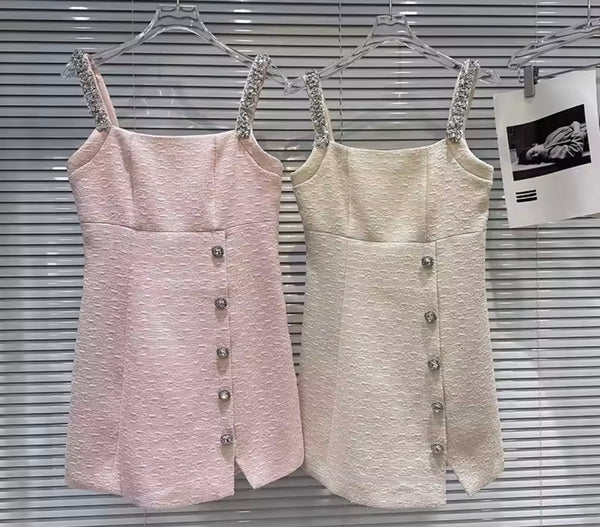 Women Sleeveless Rhinestone Tweed Dress