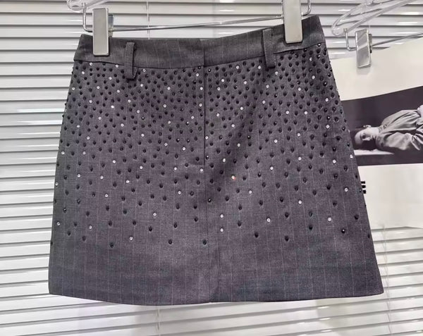 Women Sexy Fashion Gray Rhinestone Patchwork Skirt